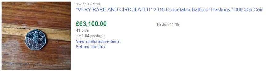eBay listing showing a sold price of £63,100.00