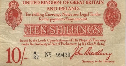 1920s Bradbury Issue 10 Shilling Note