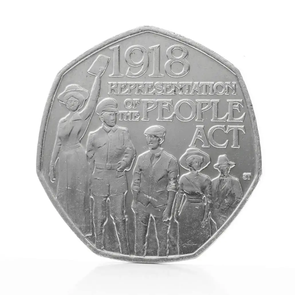 1918 Representation of the People's Act 50p Reverse Design