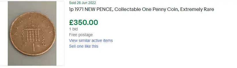 An eBay listing showing a 1971 penny selling for £350