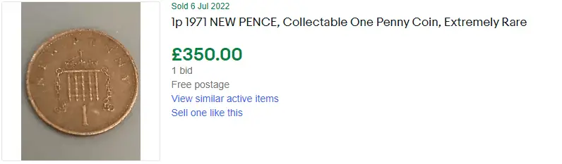 An eBay listing for a 1971 one penny selling for £350