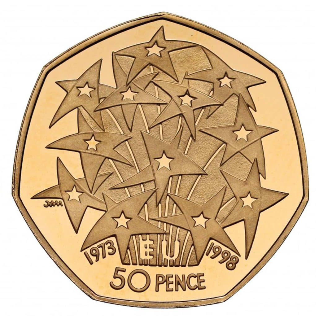 1998 EU Membership 25th Anniversary UK 50 Pence Gold Coin obverse