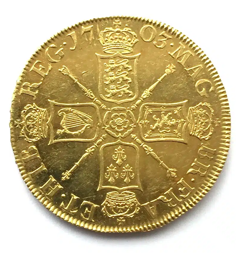 1713 Queen Anne "VIGO" Five Guineas reverse